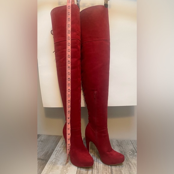 New! Thigh-high, red suede, lace up back with side zipper platform heeled Boots - Picture 10 of 13